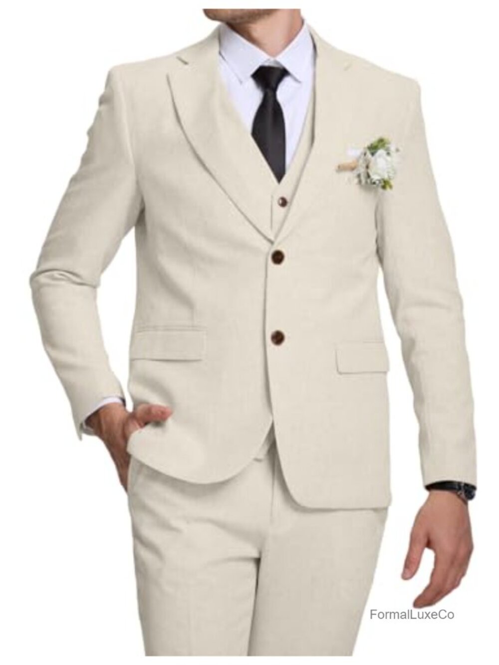Men's Linen Suit 3 Piece Jacket Vest Pant Wedding Groom